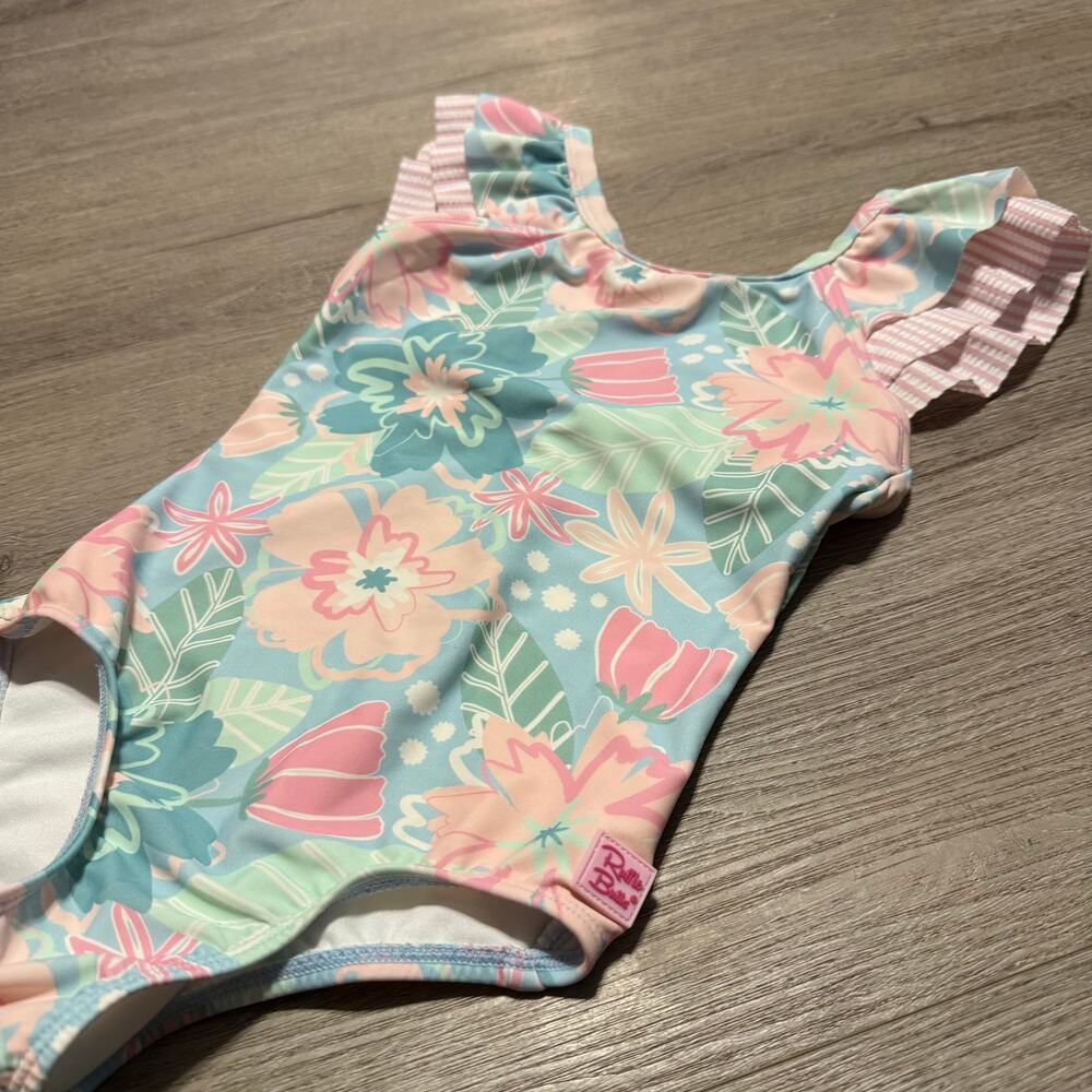 Ruffle Butts Girls 1 Piece Swimsuit Size 6 Pastel Floral Ruffle Sleeve Bow Back